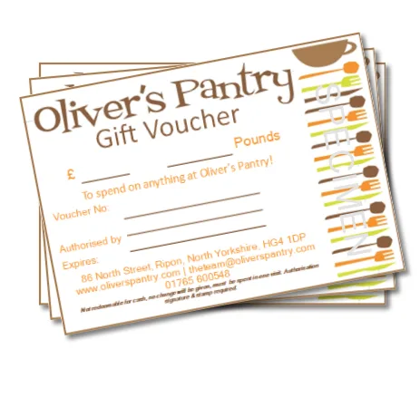 Olly P's gift vouchers, printed with the Oliver's Pantry logo